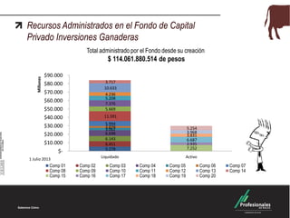 Recursos Administrados en el Fondo de Capital
Privado Inversiones Ganaderas
5.278
6.451
6.143
6.698
3.0622.079
5.994
11.591
5.669
7.376
5.208
4.236
10.633
3.717
7.252
2.935
6.687
3.831
3.968
5.254
$-
$10.000
$20.000
$30.000
$40.000
$50.000
$60.000
$70.000
$80.000
$90.000
Liquidado Activo
Millones
Comp 01 Comp 02 Comp 03 Comp 04 Comp 05 Comp 06 Comp 07
Comp 08 Comp 09 Comp 10 Comp 11 Comp 12 Comp 13 Comp 14
Comp 15 Comp 16 Comp 17 Comp 18 Comp 19 Comp 20
Total administrado por el Fondo desde su creación
$ 114.061.880.514 de pesos
1 Julio 2013
 