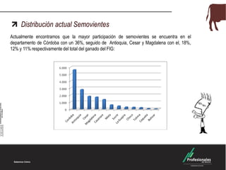 Distribución actual Semovientes
Actualmente encontramos que la mayor participación de semovientes se encuentra en el
departamento de Córdoba con un 36%, seguido de Antioquia, Cesar y Magdalena con el, 18%,
12% y 11% respectivamente del total del ganado del FIG:
 