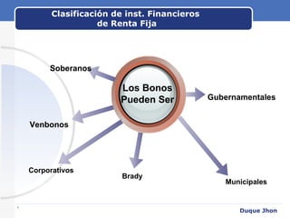 Clasificación de inst. Financieros  de Renta Fija www.themegallery.com Los Bonos Pueden Ser Gubernamentales Duque Jhon Municipales Brady Venbonos Soberanos Corporativos 