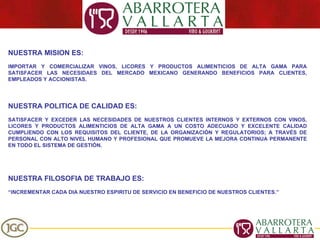 NUESTRA MISION ES: IMPORTAR Y COMERCIALIZAR VINOS, LICORES Y PRODUCTOS ALIMENTICIOS DE ALTA GAMA PARA SATISFACER LAS NECESIDAES DEL MERCADO MEXICANO GENERANDO BENEFICIOS PARA CLIENTES, EMPLEADOS Y ACCIONISTAS.   NUESTRA POLITICA DE CALIDAD ES: SATISFACER Y EXCEDER LAS NECESIDADES DE NUESTROS CLIENTES INTERNOS Y EXTERNOS CON VINOS, LICORES Y PRODUCTOS ALIMENTICIOS DE ALTA GAMA A UN COSTO ADECUADO Y EXCELENTE CALIDAD CUMPLIENDO CON LOS REQUISITOS DEL CLIENTE, DE LA ORGANIZACIÓN Y REGULATORIOS; A TRAVÉS DE PERSONAL CON ALTO NIVEL HUMANO Y PROFESIONAL QUE PROMUEVE LA MEJORA CONTINUA PERMANENTE EN TODO EL SISTEMA DE GESTIÓN.     NUESTRA FILOSOFIA DE TRABAJO ES: “ INCREMENTAR CADA DIA NUESTRO ESPIRITU DE SERVICIO EN BENEFICIO DE NUESTROS CLIENTES.” 