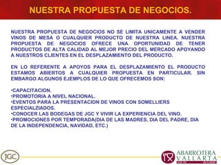 NUESTRA PROPUESTA DE NEGOCIOS. NUESTRA PROPUESTA DE NEGOCIOS NO SE LIMITA UNICAMENTE A VENDER VINOS DE MESA O CUALQUIER PRODUCTO DE NUESTRA LINEA. NUESTRA PROPUESTA DE NEGOCIOS OFRECE UNA OPORTUNIDAD DE TENER PRODUCTOS DE ALTA CALIDAD AL MEJOR PRECIO DEL MERCADO APOYANDO A NUESTROS CLIENTES EN EL DESPLAZAMIENTO DEL PRODUCTO. EN LO REFERENTE A APOYOS PARA EL DESPLAZAMIENTO EL PRODUCTO ESTAMOS ABIERTOS A CUALQUIER PROPUESTA EN PARTICULAR. SIN EMBARGO ALGUNOS EJEMPLOS DE LO QUE OFRECEMOS SON: CAPACITACION. PROMOTORIA A NIVEL NACIONAL. EVENTOS PARA LA PRESENTACION DE VINOS CON SOMELLIERS ESPECIALZIADOS. CONOCER LAS BODEGAS DE JGC Y VIVIR LA EXPERIENCIA DEL VINO. PROMOCIONES POR TEMPORADA(DIA DE LAS MADRES, DIA DEL PADRE, DIA DE LA INDEPENDENCIA, NAVIDAD, ETC.) 