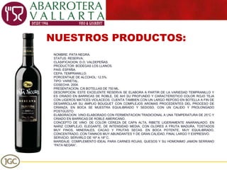 NUESTROS PRODUCTOS: NOMBRE: PATA NEGRA. STATUS: RESERVA. CLASIFICACION: D.O. VALDEPEÑAS. PRODUCTOR: BODEGAS LOS LLANOS. PAIS: ESPAÑA. CEPA: TEMPRANILLO. PORCENTAJE DE ALCOHOL: 12.5%. TIPO: VARIETAL. COSECHA: 2004. PRESENTACION: C/6 BOTELLAS DE 750 ML. DESCRIPCION: ESTE EXCELENTE RESERVA SE ELABORA A PARTIR DE LA VARIEDAD TEMPRANILLO Y ES CRIADO EN BARRICAS DE ROBLE, DE AHÍ SU PROFUNDO Y CARACTERISTICO COLOR ROJO TEJA CON LIGEROS MATICES VIOLACEOS. CUENTA TAMBIEN CON UN LARGO REPOSO EN BOTELLA A FIN DE DESARROLLAR SU AMPLIO BOUQUET CON COMPLEJOS AROMAS PROCEDENTES DEL PROCESO DE CRIANZA. EN BOCA SE MUESTRA EQUILIBRADO Y SEDOSO, CON UN CALIDO Y PROLONGADO POSTGUSTO. ELABORACION: VINO ELABORADO CON FERMENTACION TRADICIONAL A UNA TEMPERATURA DE 25°C Y CRIADO EN BARRICAS DE ROBLE AMERICANO. CONCEPTO DE VINO: DE COLOR CEREZA DE CAPA ALTA, RIBETE LIGERAMENTE ANARANJADO. EN NARIZ COMPLEJO, ELEGANTE, DE INTENSIDAD MEDIA, CON OLORES A FRUTA MADURA, TOSTADOS MUY FINOS, MINERALES, CACAO Y FRUTAS SECAS. EN BOCA POTENTE, MUY EQUILIBRADO, CONCENTRADO, CON TANINOS MUY ABUNDANTES Y DE GRAN CALIDAD, FINAL LARGO Y EXPRESIVO. SERVICIO: SERVIRLO DE 16º A 18º C.  MARIDAJE: COMPLEMENTO IDEAL PARA CARNES ROJAS, QUESOS Y SU HOMONIMO JAMON SERRANO “PATA NEGRA”. 