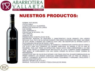 NUESTROS PRODUCTOS: NOMBRE: PATA NEGRA. STATUS: ROBLE. CLASIFICACION: D.O. VALDEPEÑAS. PRODUCTOR: BODEGAS LOS LLANOS. PAIS: ESPAÑA. CEPA: TEMPRANILLO. PORCENTAJE DE ALCOHOL: 13%. TIPO: VARIETAL. COSECHA: 2007. PRESENTACION: C/6 BOTELLAS DE 750 ML. DESCRIPCION: MUESTRA UN PROFUNDO Y CARACTERISTICO COLOR GRANATE CON LIGEROS REFLEJOS TEJA, FRUTO DE SU REPOSO DURENTE TRES MESES EN BARRICA SDE ROBLE, QUE AÑADE UN SUTIL AROMA A MADERA QUE COMPLETA ESTE VINO, SIN DESVIRTUAR SU INTENSO GUSTO A FRUTA MADURA CON NOTAS DE CACAO Y CAFÉ. ELABORACION: DE UVAS SELECCIONADAS, SE FERMENTA A TEMPERATURA CONTROLADA EN TORNO A LOS 22-25°C PARA QUE CONSERVE LOS AROMAS VARIETALES. SE SANGRA A LOS 4-5 DIAS DE ENCUBADO, PARA QUE TENGA UN ESTRUCTURA TANICA SUAVE COMO CORRESPONDE A UN VINO JOVEN. TRAS HACER LA FERMENTACION MALOLACTICA SE LLEVA A BARRICA DONDE PERMANECE TRES MESES. SE COMPLEMENTA CON UNA LIGERA CRIANZA EN BOTELLA DONDE TERMINA DE REDONDEARSE. CONCEPTO DE VINO: DE COLOR ROJO INTENSO, CON TONOS VIOLETAS, EN NARIZ SOBRESALEN EN UN PRIMER MOMENTO LOS AROMAS VARIETALES COMPLEMENTADOS CON UN TONO DE CRIANZA, A VAINILLA Y AHUMADOS. EN BOCA ES ESTRUCTURADO, EQUILIBRADO Y AGRADABLE. ENVOLVENTE Y CON UN LARGO POSTGUSTO. SERVICIO: SERVIRLO DE 14º A 16º C.  MARIDAJE:  PLATILLOS DE CACERIA Y PESCA CON ALGO DE GRASA. 
