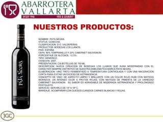 NUESTROS PRODUCTOS: NOMBRE: PATA NEGRA. STATUS: COSECHA. CLASIFICACION: D.O. VALDEPEÑAS. PRODUCTOR: BODEGAS LOS LLANOS. PAIS: ESPAÑA. CEPA: 80% TEMPRANILLO Y 20% CABERNET SAUVIGNON. PORCENTAJE DE ALCOHOL: 12.5%. TIPO: GENERICO. COSECHA: 2007. PRESENTACION: C/6 BOTELLAS DE 750 ML. DESCRIPCION: NUEVA CREACION DE BODEGAS LOS LLANOS QUE AUNA MODERNIDAD CON EL CARÁCTER SIEMPRE DISTINTIVO DE NUESTRA EMBLEMATICA MARCA PATA NEGRA. ELABORACION: VINO TINTO FERMENTADO A TEMPERATURA CONTROLADA Y CON UNA MACERACION CORTA PARA EVITAR UN EXCESO DE ASTRINGENCIA. CONCEPTO DE VINO: DE ASPECTO LIMPIO Y BRILLANTE CON UN COLOR ROJO RUBI CON MATICES MORADOS, UN INTENSO OLOR A FRUTAS ROJAS, CON MATICES DE PIMIENTA DE LA VARIEDAD CABERNET SAUVIGNON.  SU SABOR ES AGRADABLE DE MODERADA ASTRINGENCIA Y PROLONGADO POSTGUSTO. SERVICIO: SERVIRLO DE 14º A 16º C.  MARIDAJE: ACOMPAÑAR CON QUESOS CURADOS CARNES BLANCAS Y ROJAS. 
