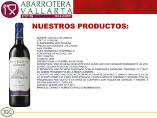 NUESTROS PRODUCTOS: NOMBRE: CASTILLO DE GREDOS. STATUS: COSECHA. CLASIFICACION: VINO DE MESA. PRODUCTOR: BODEGAS LOS LLANOS. PAIS: ESPAÑA. CEPA: GARNACHA Y TEMPRANILLO. PORCENTAJE DE ALCOHOL: 12%. TIPO: VARIETAL. COSECHA: 2009. PRESENTACION: C/12 BOTELLAS DE 750 ML. DESCRIPCION: VINO DE MESA EXCELENTE PARA QUIEN GUSTA DE CONSUMIR DIARIAMENTE UN VINO LIGERO  DE GRAN RELACION CALIDAD-PRECIO. ELABORACION: VINO DE MESA ELABORADO CON LAS VARIEDADES GARNACHA, TEMPRANILLO Y TINTO DE MADRID PROCEDENTES DE LA MESETA CENTRAL. CONCEPTO DE VINO: VINO CON UN COLOR ROJO GRANATE DE ASPECTO LIMPIO Y BRILLANTE Y CON UN CUERPO COMPLEJO Y BIEN ESTRUCTURADO. EN BOCA RESULTA SOBERBIO Y REDONDO CON UN PROLONGADO POSTGUSTO Y EN NARIZ SE COMPORTA CON TOQUES DE ESPECIAS Y AROMAS A FRUTOS MADUROS Y TOSTADOS. SERVICIO: SERVIRLO DE 14º A 16º C.  MARIDAJE: CARNES Y ALIMENTOS POCO CONDIMENTADOS. 