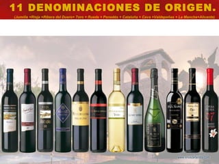 11 DENOMINACIONES DE ORIGEN.  (Jumilla +Rioja +Ribera del Duero+ Toro + Rueda + Penedés + Cataluña + Cava +Valdepeñas + La Mancha+Alicante) 