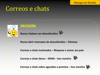 Navega con Rumbo

Correos e chats

     DECISIÓN
     Nunca chatear con descoñecidos

     Nunca abrir mensaxes de descoñecidos – Eliminar

     Correos e chats incómodos – Bloquear e avisar aos pais

     Correos e chats falsos – SPAM – Son mentira

     Correos e chats sobre agasallos e premios – Son mentira
 