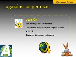 Navega con Rumbo

Ligazóns sospeitosas

         DECISIÓN
         Non abrir ligazóns sospeitosas.
         Coidado cos programas peer to peer (Emule,
         Ares, …)
         Descargas de páxinas coñecidas.
 