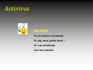 Antivirus


            DECISIÓN
            Ter un antivirus actualizado.
            Ex: avg, avast, panda cloud......
            Ter o pc actualizado.
            Usar linux (abalar)
 