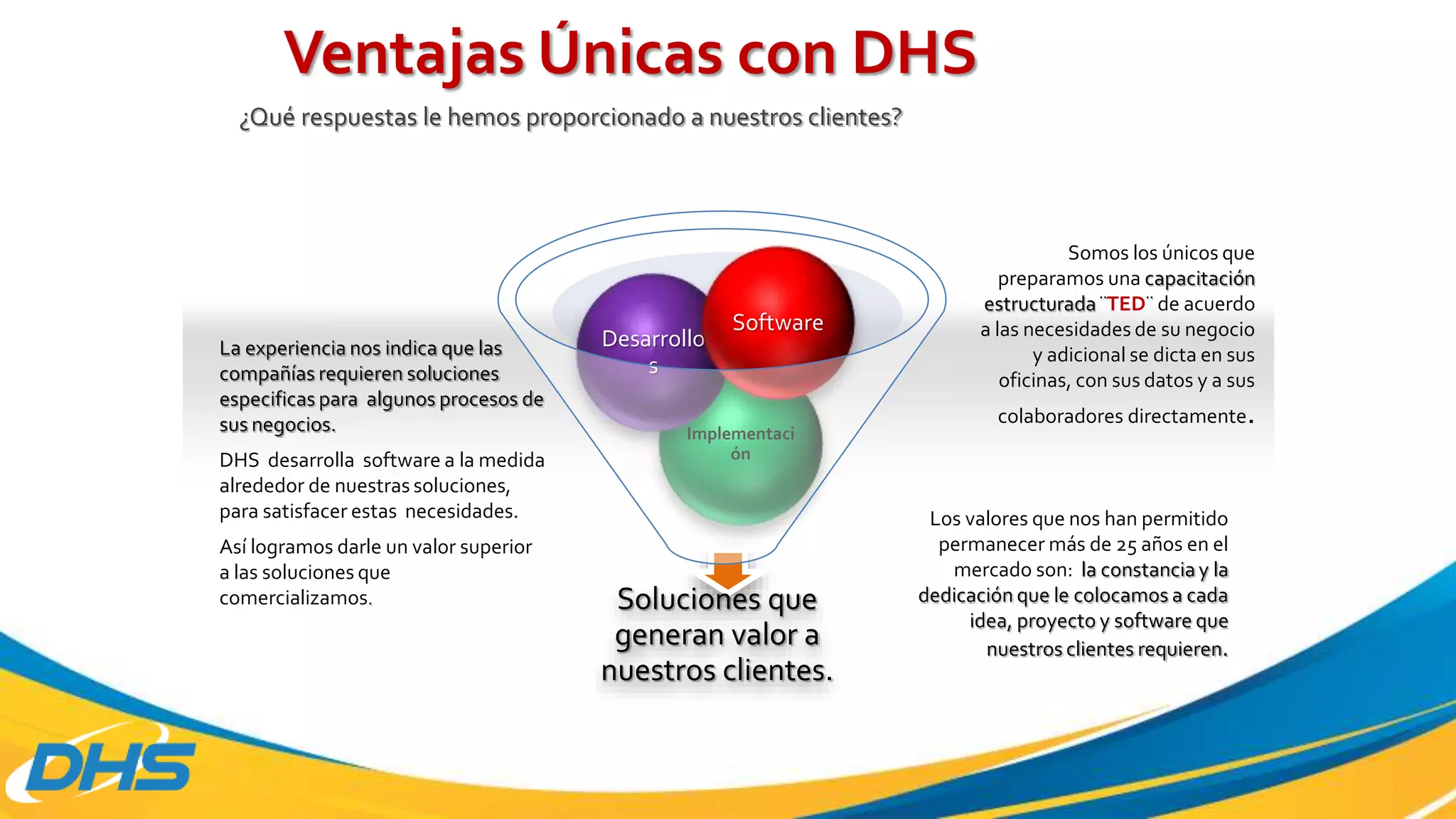 Ventajas Únicas con DHS
¿Qué respuestas le hemos proporcionado a nuestros clientes?
Los valores que nos han permitido
permanecer más de 25 años en el
mercado son: la constancia y la
dedicación que le colocamos a cada
idea, proyecto y software que
nuestros clientes requieren.
La experiencia nos indica que las
compañías requieren soluciones
especificas para algunos procesos de
sus negocios.
DHS desarrolla software a la medida
alrededor de nuestras soluciones,
para satisfacer estas necesidades.
Así logramos darle un valor superior
a las soluciones que
comercializamos. Soluciones que
generan valor a
nuestros clientes.
Implementaci
ón
Desarrollo
s
Software
Somos los únicos que
preparamos una capacitación
estructurada ¨TED¨ de acuerdo
a las necesidades de su negocio
y adicional se dicta en sus
oficinas, con sus datos y a sus
colaboradores directamente.
 