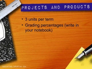 • 3 units per term
• Grading percentages (write in
your notebook)
 
