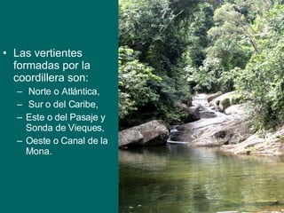 Las vertientes formadas por la coordillera son: Norte o Atlántica,  Sur o del Caribe,  Este o del Pasaje y Sonda de Vieques, Oeste o Canal de la Mona.  