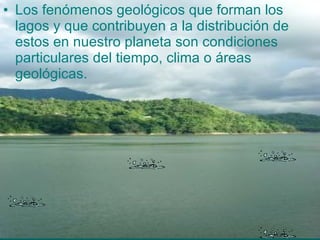 Los fenómenos geológicos que forman los lagos y que contribuyen a la distribución de estos en nuestro planeta son condiciones particulares del tiempo, clima o áreas geológicas.  