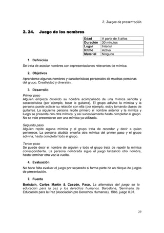2. Juegos de presentación
29
2. 24. Juego de los nombres2. 24. Juego de los nombres2. 24. Juego de los nombres2. 24. Juego de los nombres
Edad A partir de 8 años
Duración 30 minutos
Lugar Interior
Ritmo Activo
Material Ninguno
1. Definición
Se trata de asociar nombres con representaciones relevantes de mímica.
2. Objetivos
Aprenderse algunos nombres y características personales de muchas personas
del grupo. Creatividad y diversión.
3. Desarrollo
Primer paso
Alguien empieza diciendo su nombre acompañado de una mímica sencilla y
característica (por ejemplo, tocar la guitarra). El grupo adivina la mímica y la
persona puede aclarar su relación con ella (por ejemplo, estoy tomando clases de
guitarra). La siguiente persona repite primero el nombre anterior y la mímica y
luego se presenta con otra mímica, y así sucesivamente hasta completar el grupo.
No se vale presentarse con una mímica ya utilizada.
Segundo paso
Alguien repite alguna mímica y el grupo trata de recordar y decir a quien
pertenece. La persona aludida enseña otra mímica del primer paso y el grupo
adivina, hasta completar todo el grupo.
Tercer paso
Se puede decir el nombre de alguien y todo el grupo trata de repetir la mímica
correspondiente. La persona nombrada sigue el juego lanzando otro nombre,
hasta terminar otra vez la vuelta.
4. Evaluación
No hace falta evaluar el juego por separado si forma parte de un bloque de juegos
de presentación.
7. Fuente
Beristain, Carlos Martín & Cascón, Paco, La alternativa del juego en la
educación para la paz y los derechos humanos. Barcelona, Seminario de
Educación para la Paz (Asociación pro Derechos Humanos), 1986, juego 0.07.
 