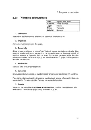 2. Juegos de presentación
32
2.27.2.27.2.27.2.27. Nombres acumulativosNombres acumulativosNombres acumulativosNombres acumulativos
Edad A partir de 8 años
Duración 10-15 minutos
Lugar Interior
Ritmo Tranquilo
Material Ninguno
1. Definición
Se trata de decir el nombre de todas las personas anteriores a mi.
2. Objetivos
Aprender muchos nombres del grupo.
3. Desarrollo
(Para grupos medianos o pequeños) Todo el mundo sentado en círculo. Una
persona empieza diciendo su nombre. La siguiente persona tiene que repetir el
nombre anterior y después decir el suyo. La tercera persona repite los dos
primeros nombres y añade el suyo, y así sucesivamente. El grupo puede ayudar a
recordar los nombres.
4. Evaluación
No hace falta evaluar por separado.
5. Variantes
En grupos más numerosos se pueden repetir únicamente los últimos 3-4 nombres.
Para darle más imaginación al juego se puede añadir alguna información libre a la
presentación. Por ejemplo: Soy Pedro y me gusta el chocolate.
7. Fuente
Variación de una idea en Centraal Kaderinstituut, Dichter. Methodieken: één.
(Más cerca. Técnicas de grupo: uno). Bruselas, sf, p. 41.
.
 