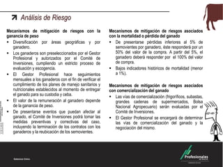 Análisis de Riesgo
Mecanismos de mitigación de riesgos con la
ganancia de peso
 Diversificación por áreas geográficas y por
ganadero.
 Los ganaderos son preseleccionados por el Gestor
Profesional y autorizados por el Comité de
Inversiones, cumpliendo un estricto proceso de
evaluación y escogencia.
 El Gestor Profesional hace seguimientos
mensuales a los ganaderos con el fin de verificar el
cumplimiento de los planes de manejo sanitarios y
nutricionales establecidos al momento de entregar
el ganado para su custodia y ceba.
 El valor de la remuneración al ganadero depende
de la ganancia de peso.
 De presentarse eventos que puedan afectar al
ganado, el Comité de Inversiones podrá tomar las
medidas preventivas y correctivas del caso,
incluyendo la terminación de los contratos con los
ganaderos y la reubicación de los semovientes.

Mecanismos de mitigación de riesgos asociados
con la mortalidad o pérdida del ganado
 De presentarse pérdidas inferiores al 5% de
semovientes por ganadero, éste responderá por un
50% del valor de la compra. A partir del 5%, el
ganadero deberá responder por el 100% del valor
de compra.
 Bajos indicadores históricos de mortalidad (menor
a 1%).
Mecanismos de mitigación de riesgos asociados
con comercialización del ganado
 Las vías de comercialización (frigoríficos, subastas,
grandes cadenas de supermercados, Bolsa
Nacional Agropecuario) serán evaluadas por el
Comité de Inversiones.
 El Gestor Profesional se encargará de determinar
las vías de comercialización del ganado y la
negociación del mismo.

 