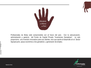 Profesionales de Bolsa está comprometida con el futuro del país. Con la estructuración,
administración y gestoría del Fondo de Capital Privado “Inversiones Ganaderas”, no solo
proporciona una inversión innovadora para sus clientes, sino que aporta al desarrollo en el Sector
Agropecuario, apoyo económico a los ganaderos y generación de empleo.

 