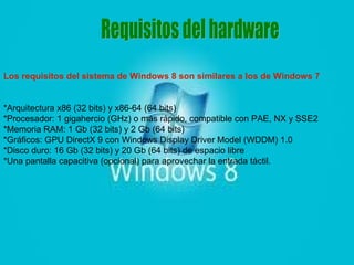Los requisitos del sistema de Windows 8 son similares a los de Windows 7


*Arquitectura x86 (32 bits) y x86-64 (64 bits)
*Procesador: 1 gigahercio (GHz) o más rápido, compatible con PAE, NX y SSE2
*Memoria RAM: 1 Gb (32 bits) y 2 Gb (64 bits)
*Gráficos: GPU DirectX 9 con Windows Display Driver Model (WDDM) 1.0
*Disco duro: 16 Gb (32 bits) y 20 Gb (64 bits) de espacio libre
*Una pantalla capacitiva (opcional) para aprovechar la entrada táctil.
 