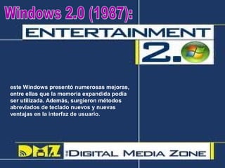 este Windows presentó numerosas mejoras,
entre ellas que la memoria expandida podía
ser utilizada. Además, surgieron métodos
abreviados de teclado nuevos y nuevas
ventajas en la interfaz de usuario.
 