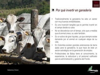 Sabemos Cómo
Por qué invertir en ganadería
• Tradicionalmente la ganadería ha sido un sector
con muy buenas rentabilidades.
• Es una inversión tangible que le permite invertir en
el campo desde su casa.
• No se desvaloriza con el tiempo, sino que a medida
que el animal crece, su valor también.
• Es un activo de gran liquidez, ya que siempre existe
demanda por el animal en cualquier etapa de su
vida.
• En Colombia existen grandes extensiones de tierra
aptas para la ganadería, lo que hace de éste un
sector estratégico en la generación de empleo.
• Profesionales de Bolsa tiene el conocimiento, la
experiencia, la estructura y el personal calificado
para la administración y gestoría del Fondo.
 