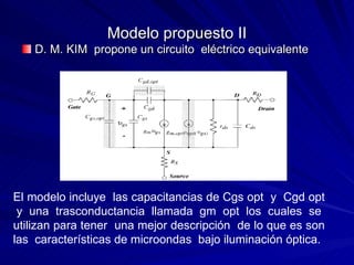 Modelo propuesto II D. M. KIM  propone un circuito  eléctrico equivalente El modelo incluye  las capacitancias de Cgs opt  y  Cgd opt  y una trasconductancia llamada gm opt los cuales se utilizan para tener  una mejor descripción  de lo que es son las  características de microondas  bajo iluminación óptica.   