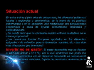 Situación actual
En estos treinta y pico años de democracia, los diferentes gobiernos
locales y regionales o autonómicos, de la mano de los partidos
gobernantes o en la oposición, han multiplicado sus presupuestos
económicos a costa de ayudas comunitarias, impuestos y
endeudamiento.
¿Se puede decir que ha cambiado nuestro entorno ciudadano en la
misma proporción?
¿Los cuantiosos fondos Europeos aportados en los diferentes
epígrafes – de cohesión, para la formación, sociales, etc.- han sido
más dilapidados que invertidos?

Invertir no es gastar. El gasto desmedido nos ha llevado
al DÉFICIT actual. (-12,6 %), por el que tendremos que penar los
ciudadanos corrientes, con un descenso importante en nuestro nivel
de vida – recortes salariales, bajada de pensiones, aumento de la
vida laboral, etc . .
Page 7

 