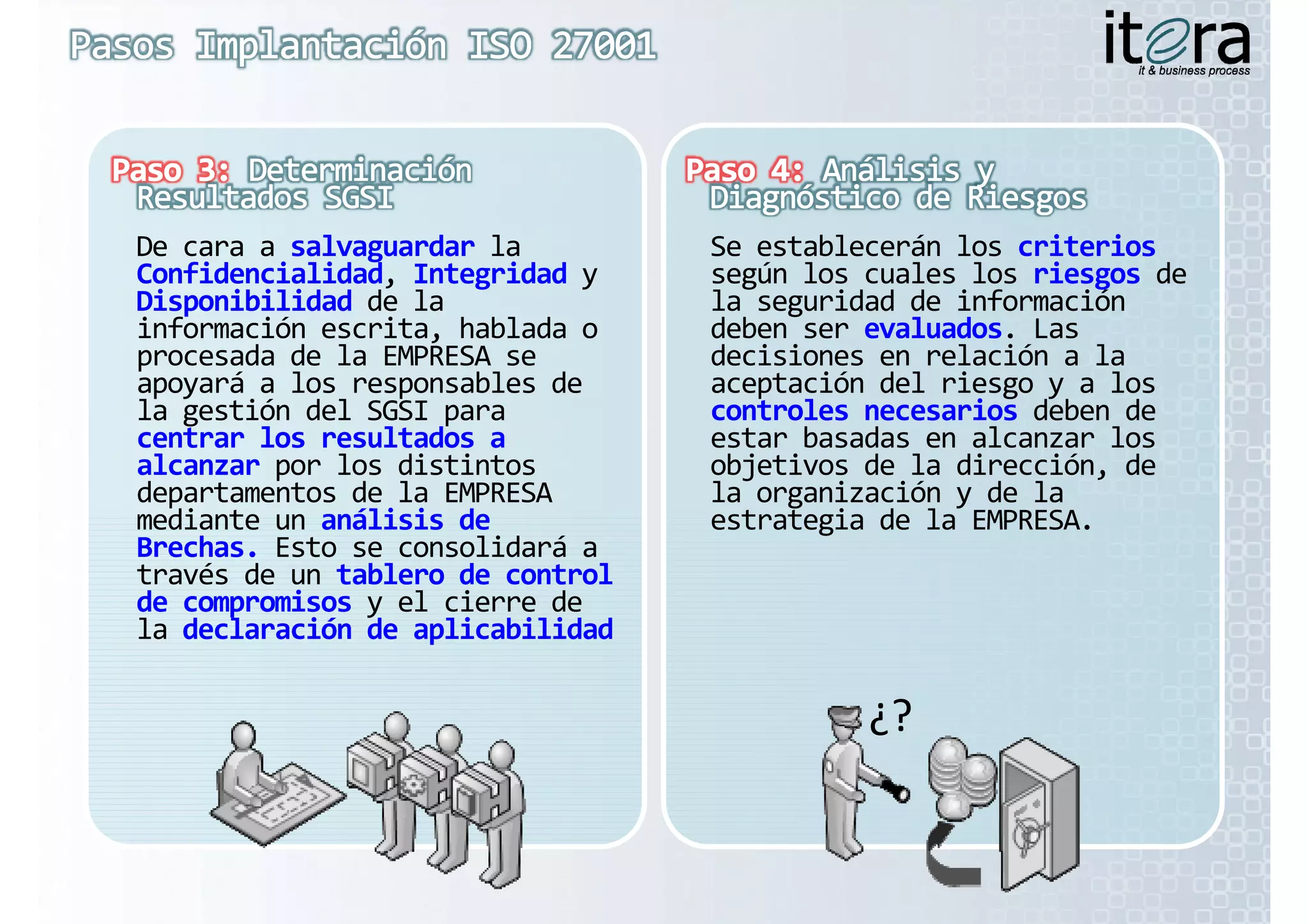 De cara a salvaguardar la          Se establecerán los criterios
Confidencialidad, Integridad y     según los cuales los riesgos de 
Disponibilidad de la               la seguridad de información 
información escrita, hablada o     deben ser evaluados. Las 
procesada de la EMPRESA se         decisiones en relación a la 
apoyará a los responsables de      aceptación del riesgo y a los 
la gestión del SGSI para           controles necesarios deben de 
centrar los resultados a           estar basadas en alcanzar los 
alcanzar por los distintos         objetivos de la dirección, de 
departamentos de la EMPRESA        la organización y de la 
mediante un análisis de 
  di t     áli i  d                estrategia de la EMPRESA.
                                     t t i  d  l  EMPRESA
Brechas. Esto se consolidará a 
través de un tablero de control 
de compromisos y el cierre de 
      p        y
la declaración de aplicabilidad

                                             ¿?
 