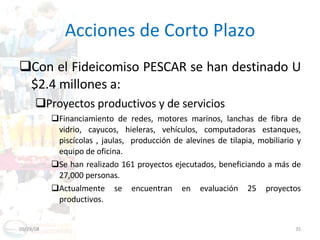 Acciones de Corto Plazo Con el Fideicomiso PESCAR se han destinado U$2.4 millones a:  Proyectos productivos y de servicios Financiamiento de redes, motores marinos, lanchas de fibra de vidrio, cayucos, hieleras, vehículos, computadoras estanques, piscícolas , jaulas,  producción de alevines de tilapia, mobiliario y equipo de oficina. Se han realizado 161 proyectos ejecutados, beneficiando a más de 27,000 personas. Actualmente se encuentran en evaluación 25 proyectos productivos.  06/03/09 