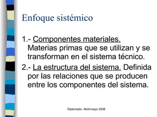 Enfoque sistémico 1.-  Componentes materiales.  Materias primas que se utilizan y se transforman en el sistema técnico.  2.-  La estructura del sistema.  Definida por las relaciones que se producen entre los componentes del sistema.  