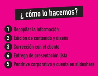 1 Recopilar la información
2 Edición de contenido y diseño
3 Corrección con el cliente
4 Entrega de presentación lista
5 Pendrive corporativo y cuenta en slideshare
¿ cómo lo hacemos?
 