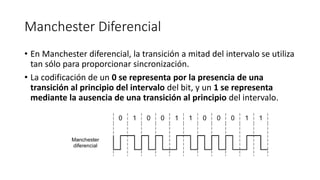 Manchester Diferencial 
•En Manchester diferencial, la transición a mitad del intervalo se utiliza tan sólo para proporcionar sincronización. 
•La codificación de un 0 se representa por la presencia de una transición al principio del intervalo del bit, y un 1 se representa mediante la ausencia de una transición al principiodel intervalo.  