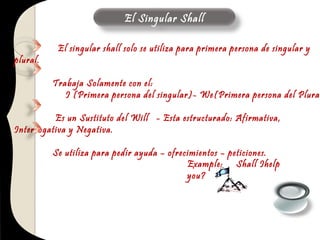 El Singular Shall
El singular shall solo se utiliza para primera persona de singular y
plural.
Trabaja Solamente con el:
I (Primera persona del singular)- We(Primera persona del Plurar)
Es un Sustituto del Will - Esta estructurado: Afirmativa,
Interrogativa y Negativa.
Se utiliza para pedir ayuda – ofrecimientos – peticiones.
Example: Shall Ihelp
you?