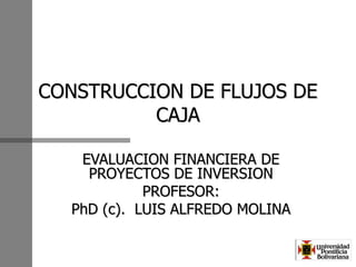 CONSTRUCCION DE FLUJOS DE
CAJA
EVALUACION FINANCIERA DE
PROYECTOS DE INVERSION
PROFESOR:
PhD (c). LUIS ALFREDO MOLINA
 
