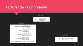 Factores de valor presente
Formula
Sustitución
Resultado
 