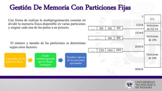 Gestión De Memoria Con Particiones Fijas
Una forma de realizar la multiprogramación consiste en
dividir la memoria física disponible en varias particiones
y asignar cada una de las partes a un proceso.
El número y tamaño de las particiones se determinan
según estos factores:
Capacidad de la
memoria física
Grado
multiprogración
que se desee
conseguir
Tamaños típicos
de los procesos
ejecutados
 