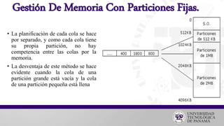 Gestión De Memoria Con Particiones Fijas.
• La planificación de cada cola se hace
por separado, y como cada cola tiene
su propia partición, no hay
competencia entre las colas por la
memoria.
• La desventaja de este método se hace
evidente cuando la cola de una
partición grande está vacía y la cola
de una partición pequeña está llena
 
