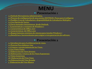 MENU
 Presentación 1
 1.1 Outlook Herramienta Administrativa.
 1.2 Proceso de configuración de una cuenta (HOTMAIL) Pasos para Configurar.
 1.3 Posibles Usos de Calendarios y disponibilidad de Calendarios Múltiples.
 1.4 Uso Opción de Tareas.
 1.5 Envía mensajes instantáneos desde Outlook.
 2. Características y versiones de Windows 7
 2.1 Características de Office 2007
 2.2 Características de Office 2010
 2.3 Requerimientos mínimos de sistema para instalar Windows 7
 2.4 Beneficios e Inconvenientes para migrar a esta generación de software.
 Presentación 2
 1.1 Introducción para la elaboración de vinos.
 1.2 Proceso Para elaborar vino
 1.3 Crianza y envejecimiento de los Vinos.
 1.4 Los Vinos Viejos
 1.5 Elaboración de Vinos Jóvenes
 1.6 Elaboración y Crianza de los Vinos Espumosos
 1.7 Vinos Generosos
 1.8 Elaboración del Vino Tinto
 1.9 Elaboración del Vino Rosado
 2. Elaboración del Vino Blanco
 