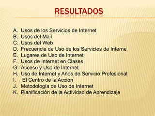 RESULTADOSUsos de los Servicios de InternetUsos del MailUsos del WebFrecuencia de Uso de los Servicios de InterneLugares de Uso de InternetUsos de Internet en ClasesAcceso y Uso de Internet Uso de Internet y Años de Servicio ProfesionalEl Centro de la AcciónMetodología de Uso de InternetPlanificación de la Actividad de Aprendizaje 