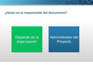 ¿Quién es el responsable del documento? Depende de la organización Administrador del Proyecto