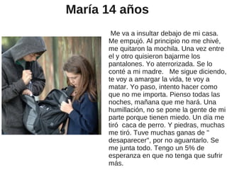 María 14 años
       Me va a insultar debajo de mi casa.
      Me empujó. Al principio no me chivé,
      me quitaron la mochila. Una vez entre
      el y otro quisieron bajarme los
      pantalones. Yo aterrorizada. Se lo
      conté a mi madre. Me sigue diciendo,
      te voy a amargar la vida, te voy a
      matar. Yo paso, intento hacer como
      que no me importa. Pienso todas las
      noches, mañana que me hará. Una
      humillación, no se pone la gente de mi
      parte porque tienen miedo. Un día me
      tiró caca de perro. Y piedras, muchas
      me tiró. Tuve muchas ganas de "
      desaparecer", por no aguantarlo. Se
      me junta todo. Tengo un 5% de
      esperanza en que no tenga que sufrir
      más.
 
