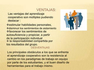 VENTAJAS:
 Las ventajas del aprendizaje
 cooperativo son múltiples pudiendo
 destacar :
estimular habilidades personales,
disminuir los sentimientos de aislamiento
favorecer los sentimientos de
autosuficiencia y propiciar, a partir
de la participación individual
 la responsabilidad compartida por
los resultados del grupo.
                    DESVENTAJAS
Los principales obstáculos a los que se enfrenta
el aprendizaje cooperativo son la resistencia al
cambio en los paradigmas de trabajo en equipo
por parte de los estudiantes, y el buen diseño de
herramientas para el trabajo mismo.
 