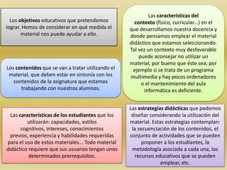 Los objetivos educativos que pretendemos
lograr. Hemos de considerar en qué medida el
material nos puede ayudar a ello.
Los contenidos que se van a tratar utilizando el
material, que deben estar en sintonía con los
contenidos de la asignatura que estamos
trabajando con nuestros alumnos.
Las características de los estudiantes que los
utilizarán: capacidades, estilos
cognitivos, intereses, conocimientos
previos, experiencia y habilidades requeridas
para el uso de estos materiales... Todo material
didáctico requiere que sus usuarios tengan unos
determinados prerrequisitos.
Las características del
contexto (físico, curricular...) en el
que desarrollamos nuestra docencia y
donde pensamos emplear el material
didáctico que estamos seleccionando.
Tal vez un contexto muy desfavorable
puede aconsejar no utilizar un
material, por bueno que éste sea; por
ejemplo si se trata de un programa
multimedia y hay pocos ordenadores
o el mantenimiento del aula
informática es deficiente.
Las estrategias didácticas que podemos
diseñar considerando la utilización del
material. Estas estrategias contemplan:
la secuenciación de los contenidos, el
conjunto de actividades que se pueden
proponer a los estudiantes, la
metodología asociada a cada una, los
recursos educativos que se pueden
emplear, etc.
 