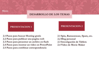 Menú

DESARROLLO DE LOS TEMAS

PRESENTACION 1

2.1 Pasos para buscar Hosting gratis
2.2 Pasos para publicar una pagina web
2.3 Pasos para presentar un archivo en flash
2.4 Pasos para mostrar un video en PowerPoint
2.5 Pasos para combinar correspondencia

PRESENTACION 2

2.1 Spin, Ramsonware, Spam, etc.
2.2 Blog personal
2.3 Investigación de Tablets
2.4 Video de Movie Maker

 