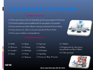 DESARROLLO DE TEMAS
PRESENTACION 1
2.1 Pasos para buscar sitios de hospedaje gratuito para paginas de Internet
2.2 Secuencia gráfica para la publicación de una pagina web gratuita
2.3 Como insertar un archivo flash en una presentación de Power Point
2.4 Como insertar un video en una presentación de Power Point
2.5 Pasos para combinar correspondencia

PRESENTACION 2
2.1 Selfie

2.1 Spam

2.1 Spyware

2.3 Tablets

2.1 Retweet

2.1 Pishing

2.1 Sniffing

2.1 Google+

2.1 Mashups

2.1 PcZombie

2.4 Explicación de cómo hacer
una película con Movie Maker

2.1 Spam

2.1 Scam

2.1 Spoofing

2.1 Malware

2.2 Crear un Blog Personal

2.5 Video personal

MENU
María Isabel Miss Mas IDE 05114035

 