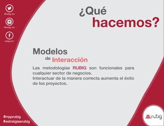 @rubig_inc
@rubig_inc
rubig.inc1
#rrpprubig
#estratgiasrubig
¿Qué
hacemos?
Las metodologías RUBIG son funcionales para
cualquier sector de negocios.
Interactuar de la manera correcta aumenta el éxito
de los proyectos.
Modelos
de Interacción
 