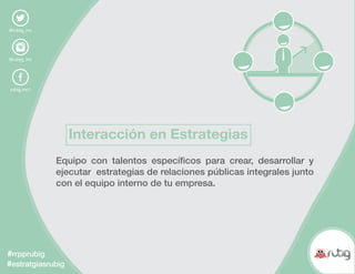 @rubig_inc
@rubig_inc
rubig.inc1
#rrpprubig
#estratgiasrubig
Equipo con talentos específicos para crear, desarrollar y
ejecutar estrategias de relaciones públicas integrales junto
con el equipo interno de tu empresa.
Interacción en Estrategias
 