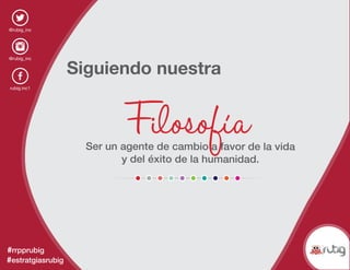 @rubig_inc
@rubig_inc
rubig.inc1
#rrpprubig
#estratgiasrubig
Siguiendo nuestra
FilosofíaSer un agente de cambio a favor de la vida
y del éxito de la humanidad.
 