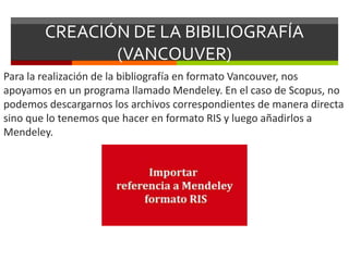 CREACIÓN DE LA BIBILIOGRAFÍA
(VANCOUVER)
Para la realización de la bibliografía en formato Vancouver, nos
apoyamos en un programa llamado Mendeley. En el caso de Scopus, no
podemos descargarnos los archivos correspondientes de manera directa
sino que lo tenemos que hacer en formato RIS y luego añadirlos a
Mendeley.
 