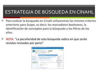 ESTRATEGIA DE BÚSQUEDA EN CINAHL
 Para realizar la búsqueda en Cinahl utilizaremos los mismos criterios
anteriores para Scope, es decir, los marcadores booleanos, la
identificación de conceptos para la búsqueda y los filtros de los
años.
 NOTA: “La peculiaridad de esta búsqueda radica en que serán
revistas revisadas por pares”
 