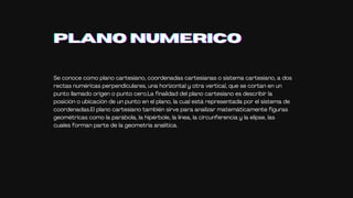 PLANO NUMERICO
PLANO NUMERICO
PLANO NUMERICO
Se conoce como plano cartesiano, coordenadas cartesianas o sistema cartesiano, a dos
rectas numéricas perpendiculares, una horizontal y otra vertical, que se cortan en un
punto llamado origen o punto cero.La finalidad del plano cartesiano es describir la
posición o ubicación de un punto en el plano, la cual está representada por el sistema de
coordenadas.El plano cartesiano también sirve para analizar matemáticamente figuras
geométricas como la parábola, la hipérbole, la línea, la circunferencia y la elipse, las
cuales forman parte de la geometría analítica.
 